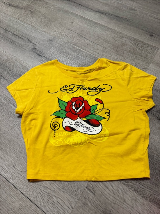 Ed Hardy Tops - Ed Hardy Yellow Crop Top with Red Rose Graphic